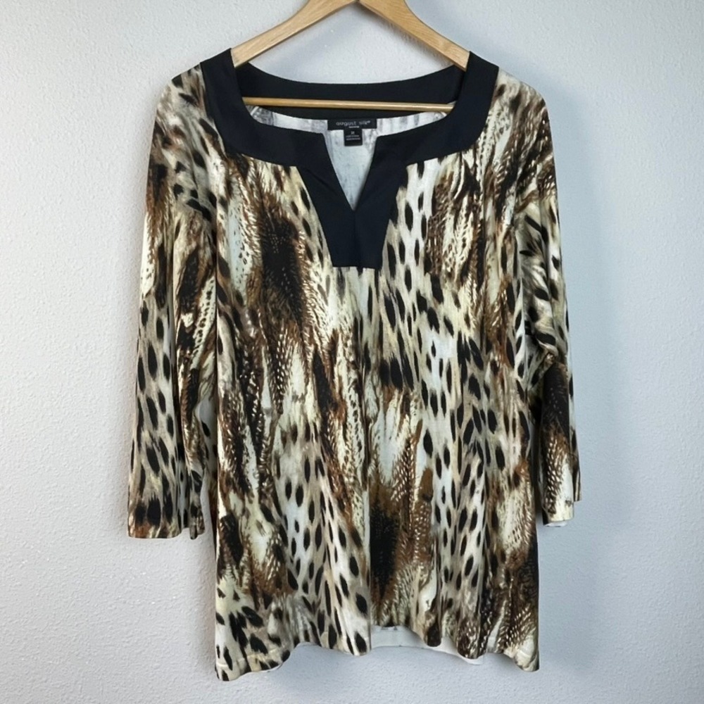 August Silk Women's 2X Leopard Print V-Neck 3/4 Sleeve Tunic Top